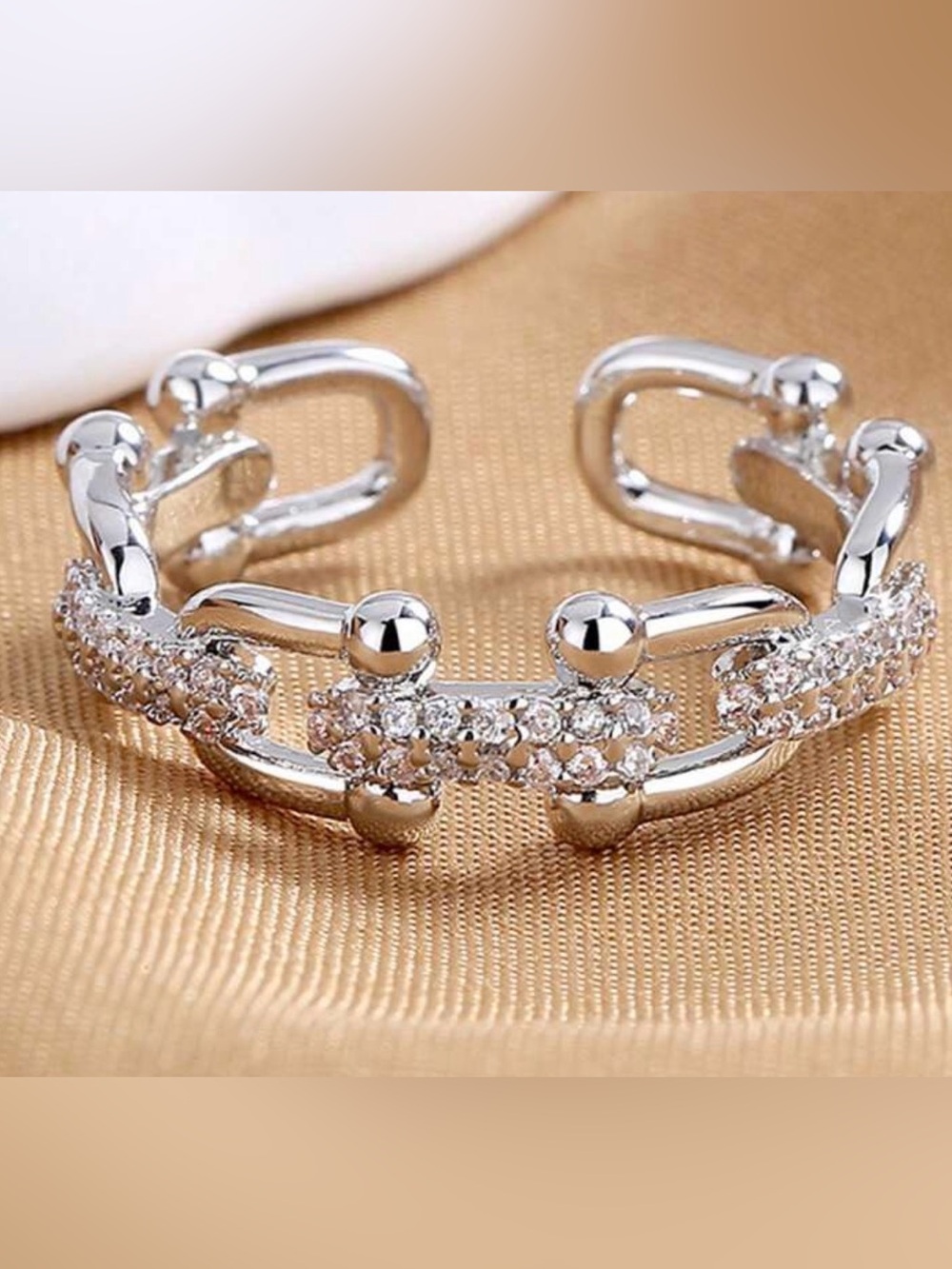 Western Horseshoe Ring Silver Crystal Accent Open Cuff Ring